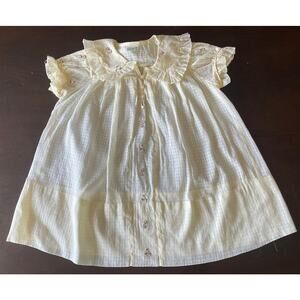 Handcraft Frock VTG Baby Blouse Ruffle Collar Embroidered Cream Seersucker 70s